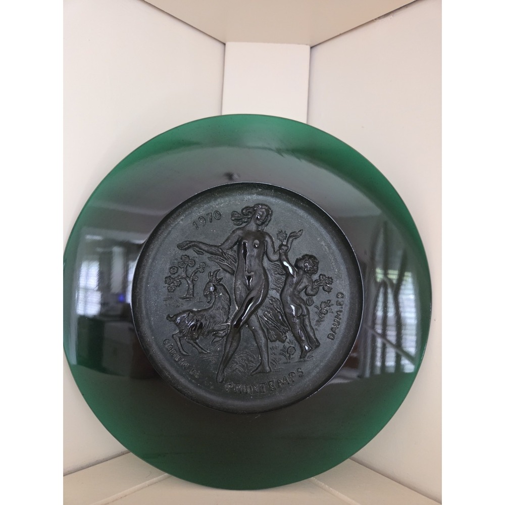 Daum Printemps Green Glass Decorative Plate 1970 Vintage spring